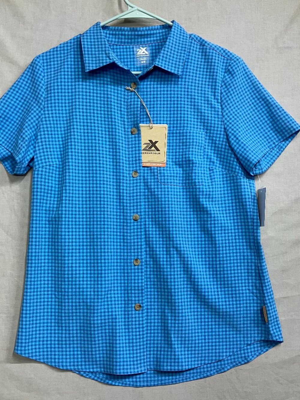 Zeroxposur Camp Shirt Men M Blue Gingham Short Sleeve Button Down Outdoor UPF 50